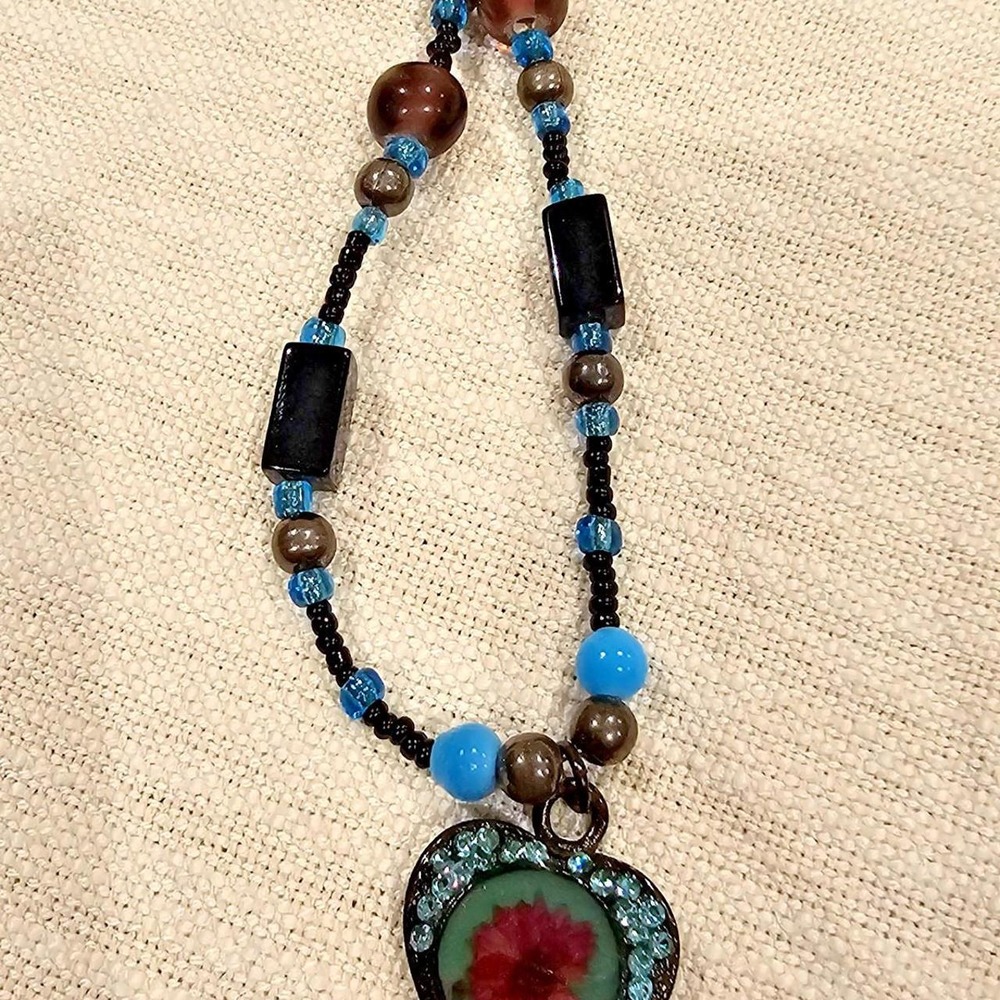 Handcrafted Glass Heart Pendant Necklace Pressed Flower Aqua Stones Black Bead